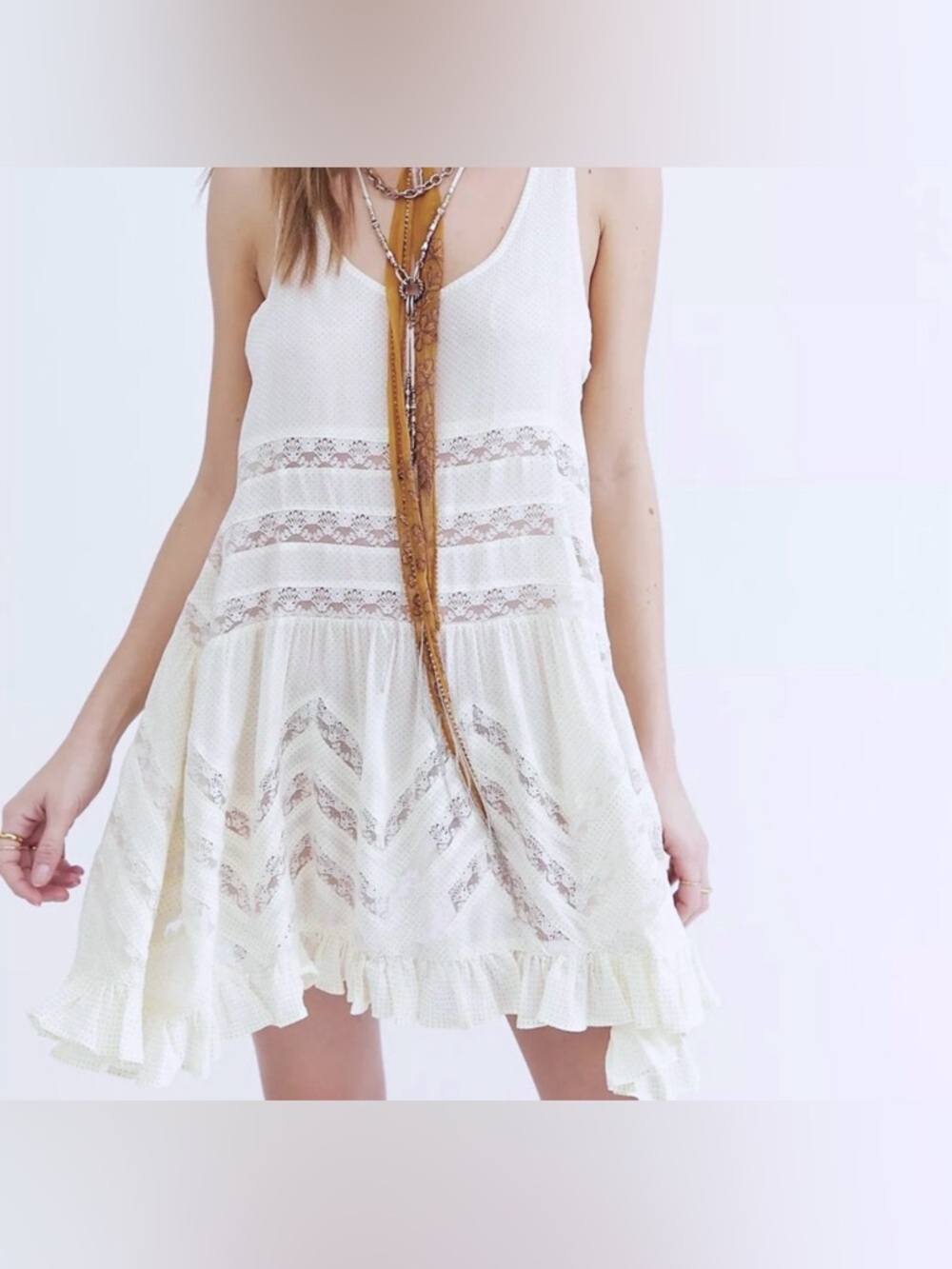 Intimately Free People Voile Lace Trapeze Slip Dress White With Swiss Dots EUC